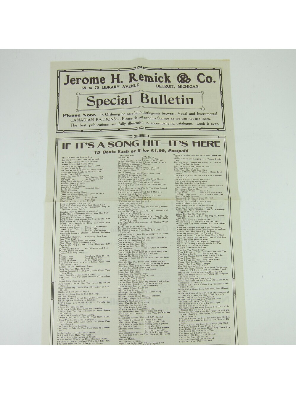 Sheet Music Jerome H. Remick & Co Advertising Special Bulletin Antique 1914 RARE